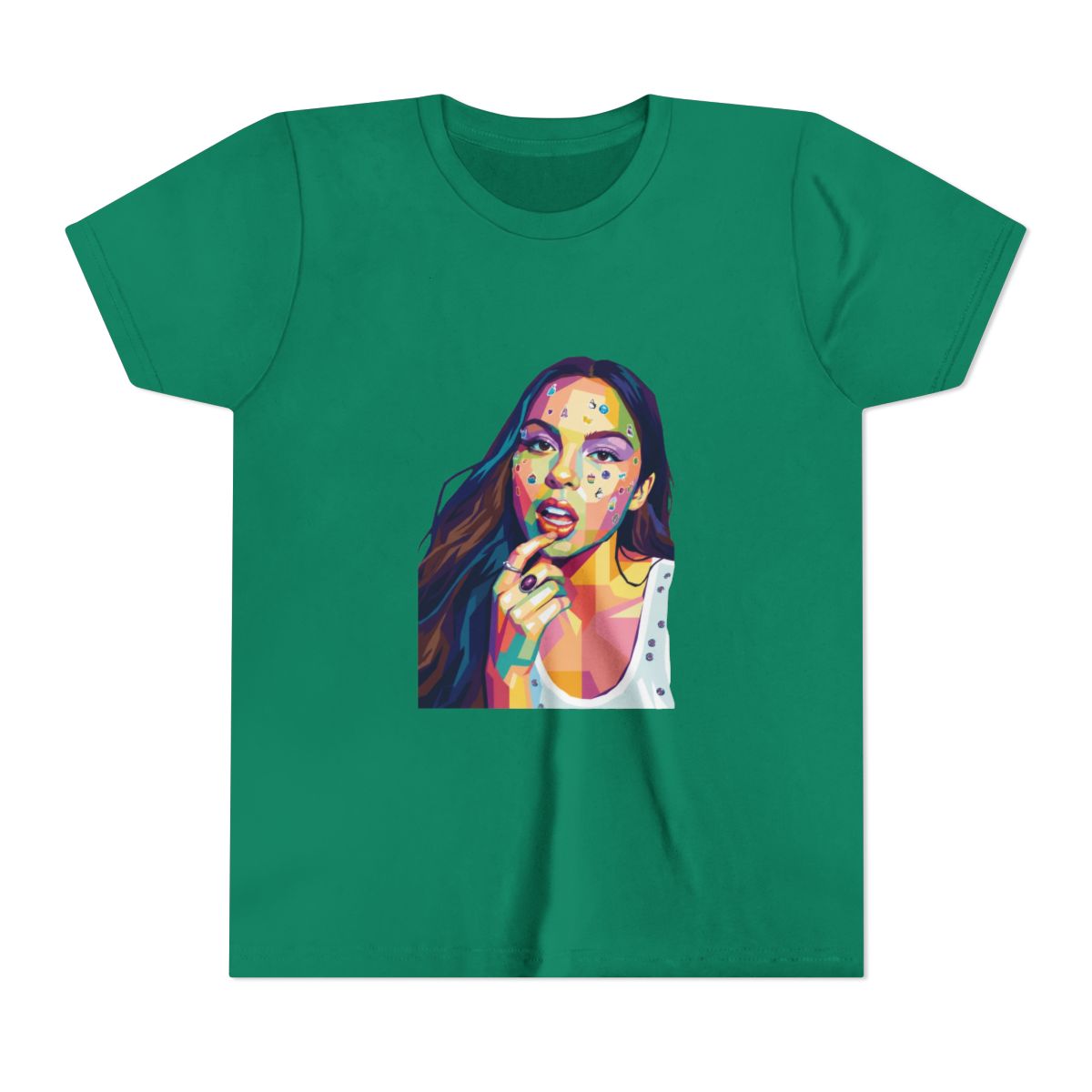 Fan Art Olivia Rodrigo in pop art style Kids T Shirt - alternate angle 4, merchandise