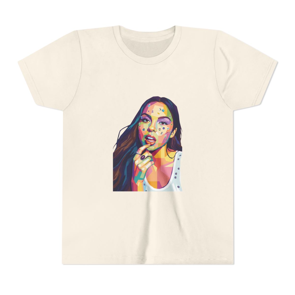 Fan Art Olivia Rodrigo in pop art style Kids T Shirt - alternate angle 3, merchandise